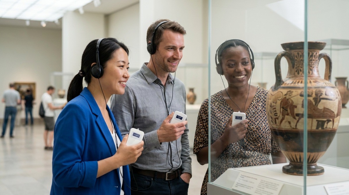 International visitors using multi-language self-guided audio guide in museum International visitors using multi-language self-guided audio guide in museum